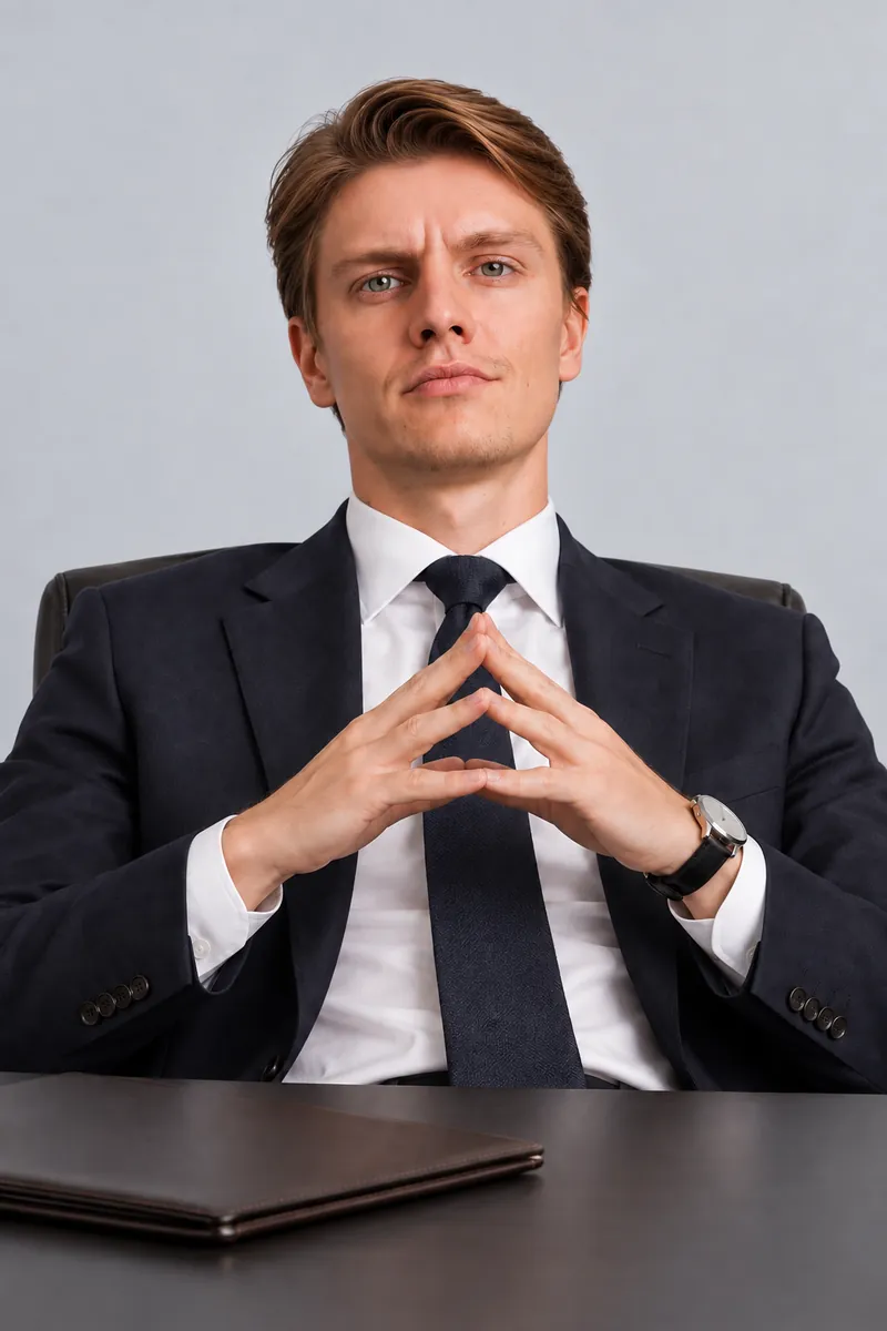 Ago Altjõe as chief executive: dark suit and tie, fingers steepled at an empty desk.