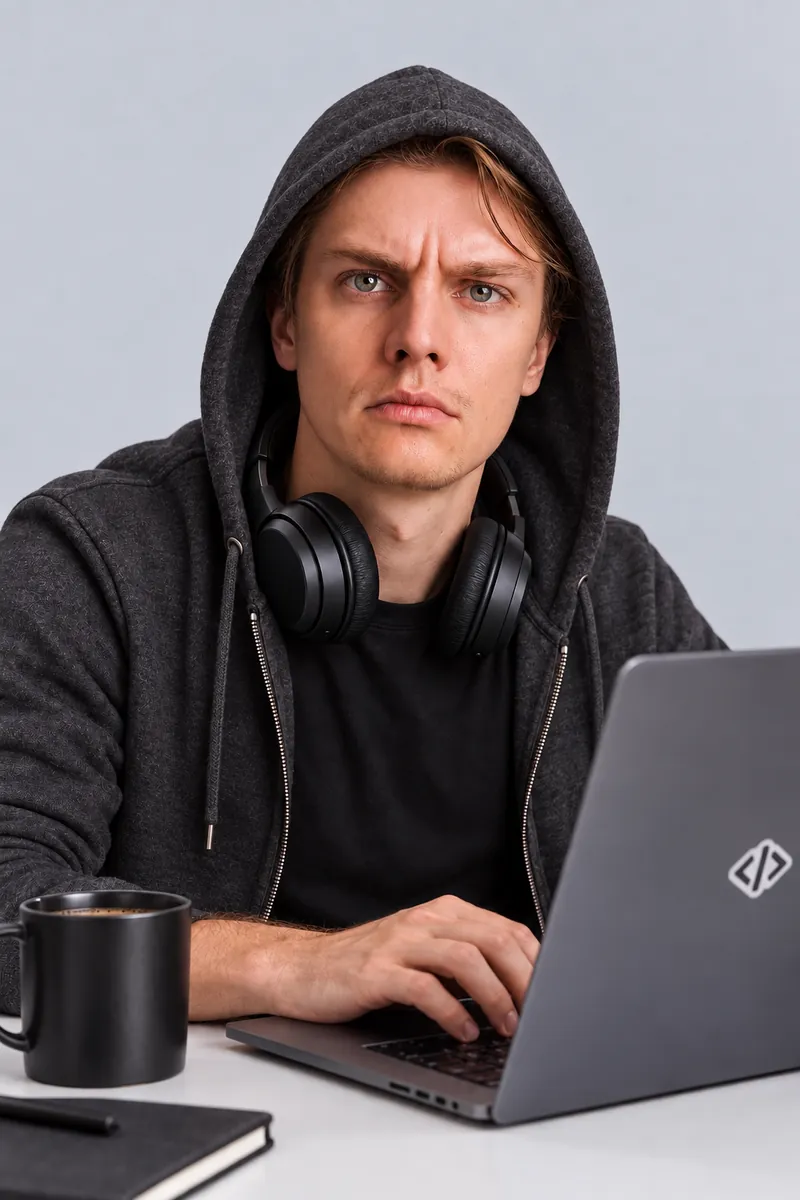 Ago Altjõe as software engineer: hoodie up, headphones round the neck, typing on a laptop.