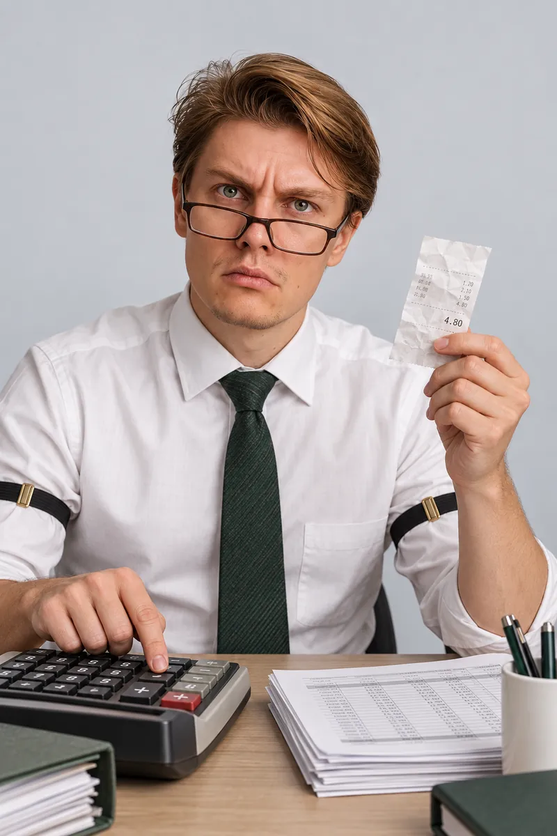 Ago Altjõe as finance manager: shirt and tie with sleeve garters, holding up a crumpled receipt for 4.80.