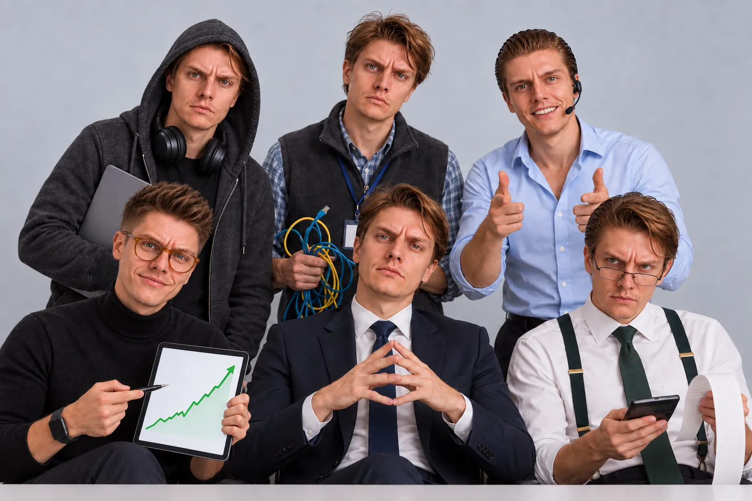 The whole team in one frame: six versions of Ago Altjõe, one for every role, in front of a grey studio wall.