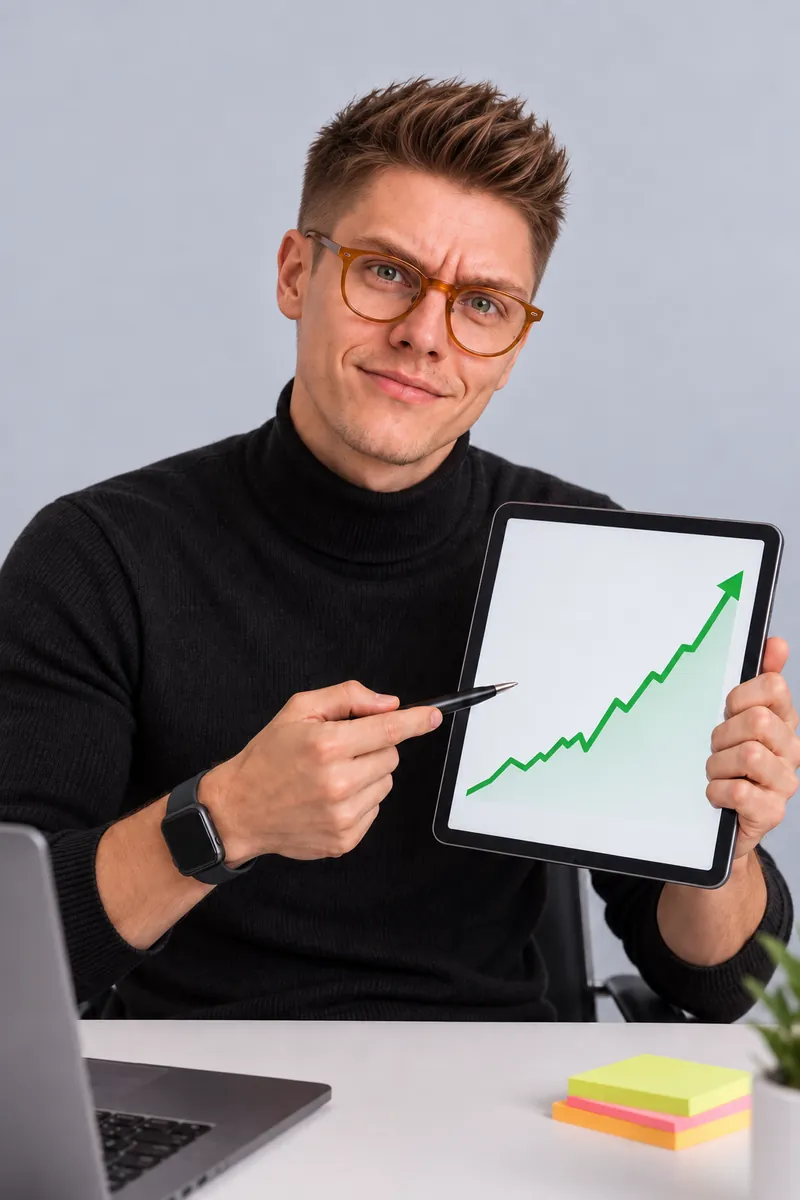 Ago Altjõe as head of growth: black turtleneck, amber glasses, pointing a pen at a tablet showing a rising chart.