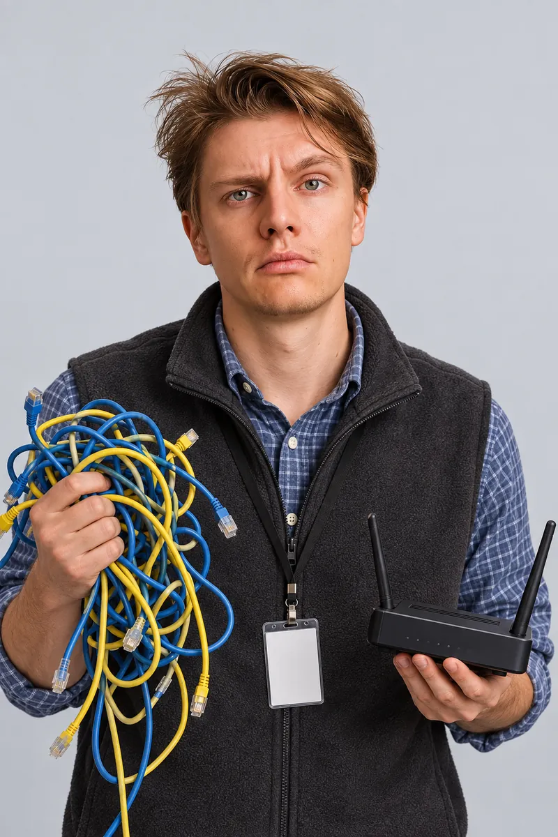 Ago Altjõe as IT administrator: fleece and lanyard, a tangle of network cables in one hand and a router in the other.