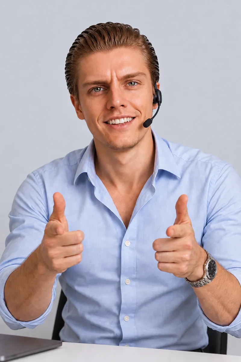 Ago Altjõe as sales manager: slicked hair, headset, open-collar shirt, both hands pointing at the camera.